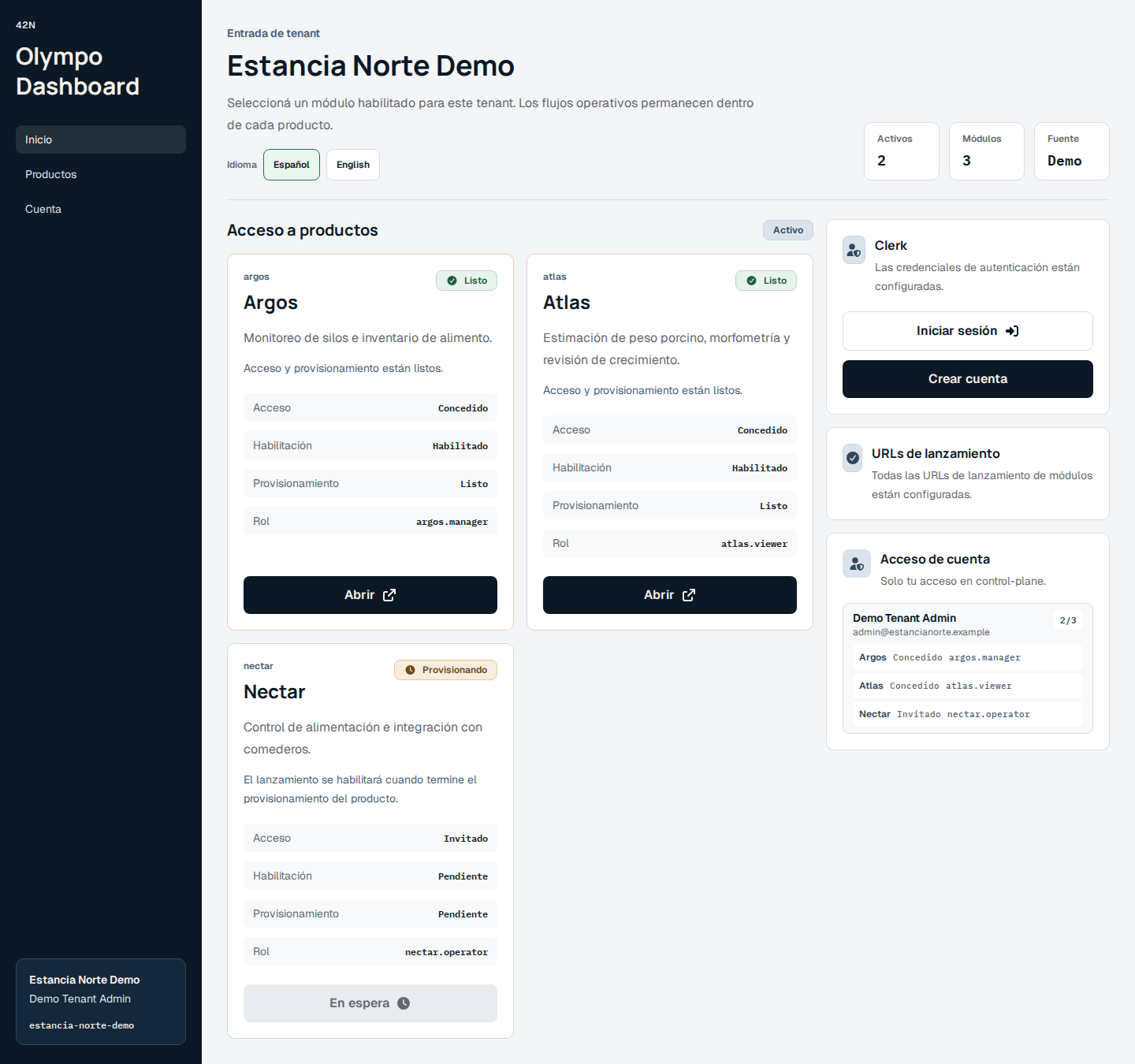 Pantalla aprobada del dashboard de Olimpo